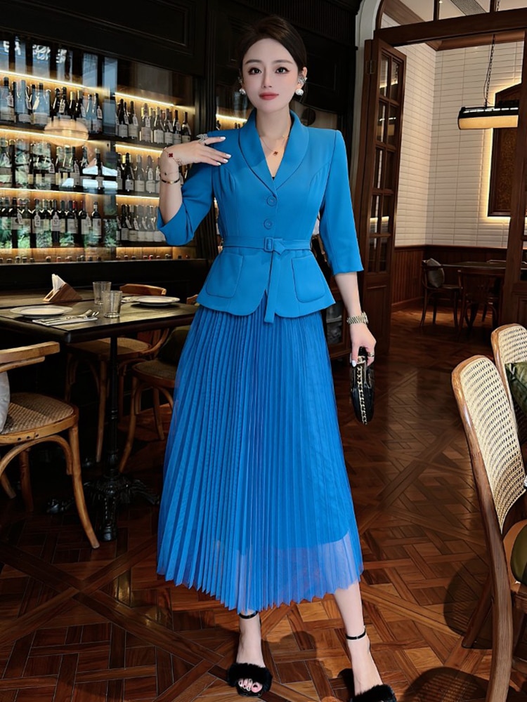 Business Office Blazer Suits Mesh Skirt Two Piece Dress Sets Women Outfit Elegant Autumn Blue Conjuntos De Falda Vestidos