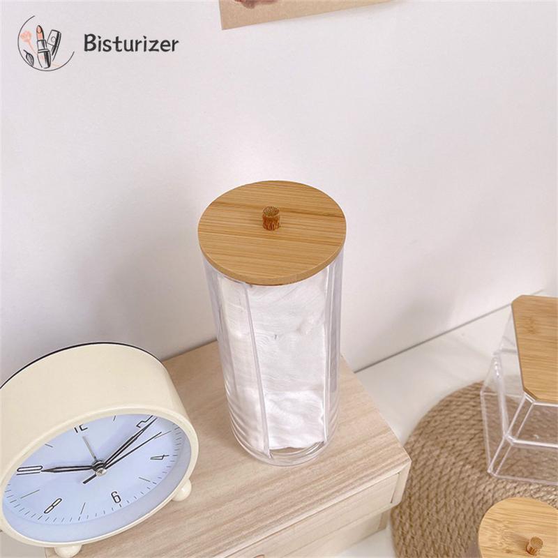 Makeup Cotton Pad Organizer Bathroom Storage Box For Cotton Swabs Cosmetics Jewelry Makeup Remover Pad Container With Bamboo Lid