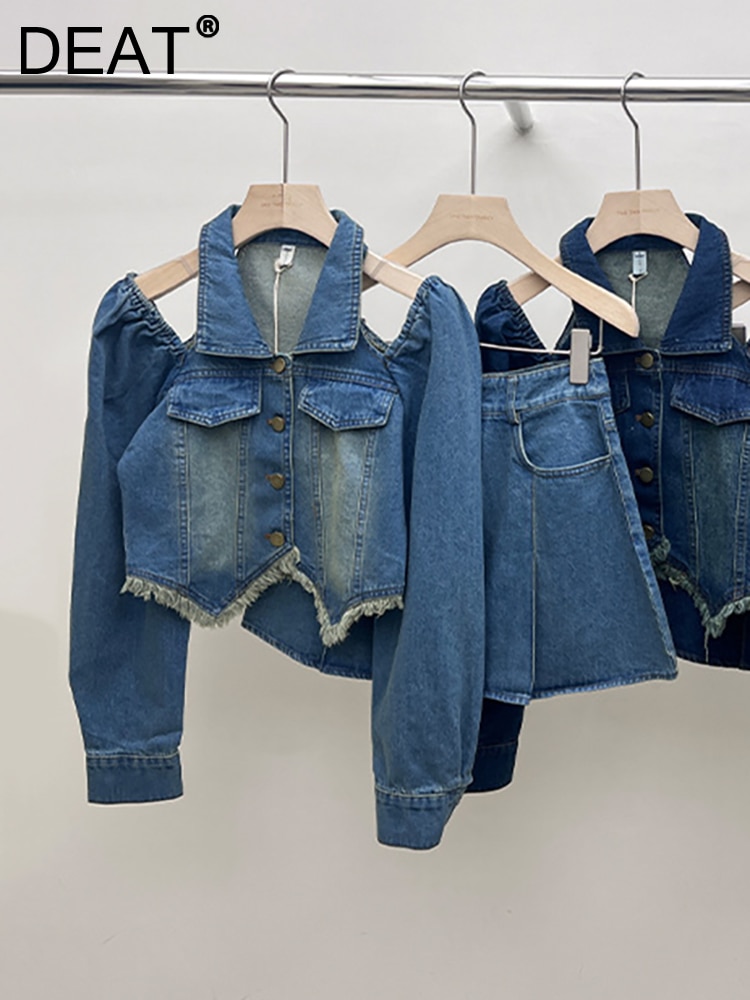 DEAT Women 2 Pcs Set Off Shoulder Slim Burrs Short Jacket High Waist Patchwork Miniskirt Suits 2023 Autumn New Fashion 29L2923