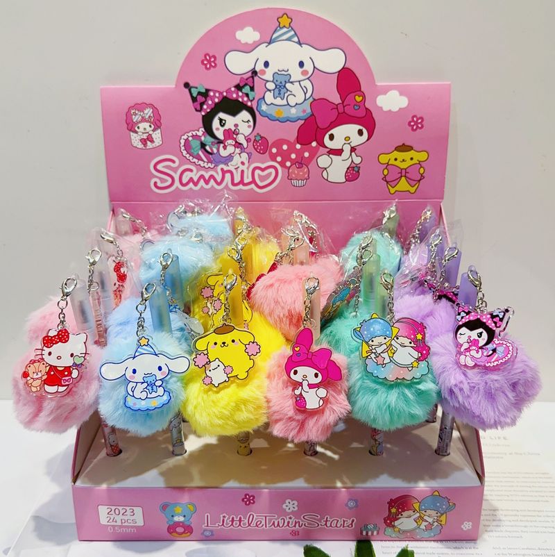 24pcs/box Cartoon Sanrio Plush Ball Pendant Gel Pen Rollerball Pen Cute Signature Pen Pendant Student Stationery Wholesale Gift