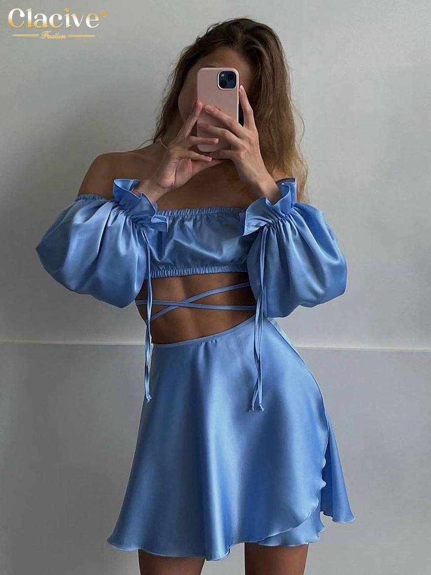 Clacive Sexy Blue Satin Silky 2 Piece Set Women Outfit Fashion Slash Neck Long Sleve Crop Top With Lace-Up Mini Skirt Set Female