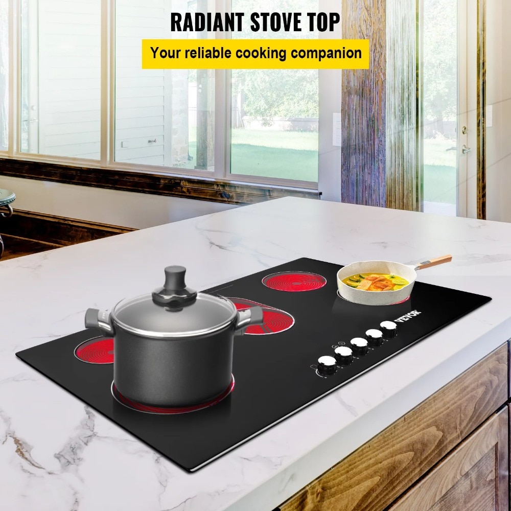 VEVOR Built in Electric Stove Top, 35 inch 5 Burners, 220V Ceramic Glass Radiant Cooktop with Knob Control,for Simmer Steam Fry