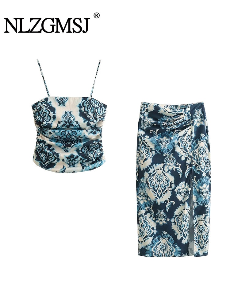 Nlzgmsj TRAF Women Skirts Sets 2023 Print Crop Top+Midi Skirt Summer Women Suit Casual Skirts Two Pieces Set Women
