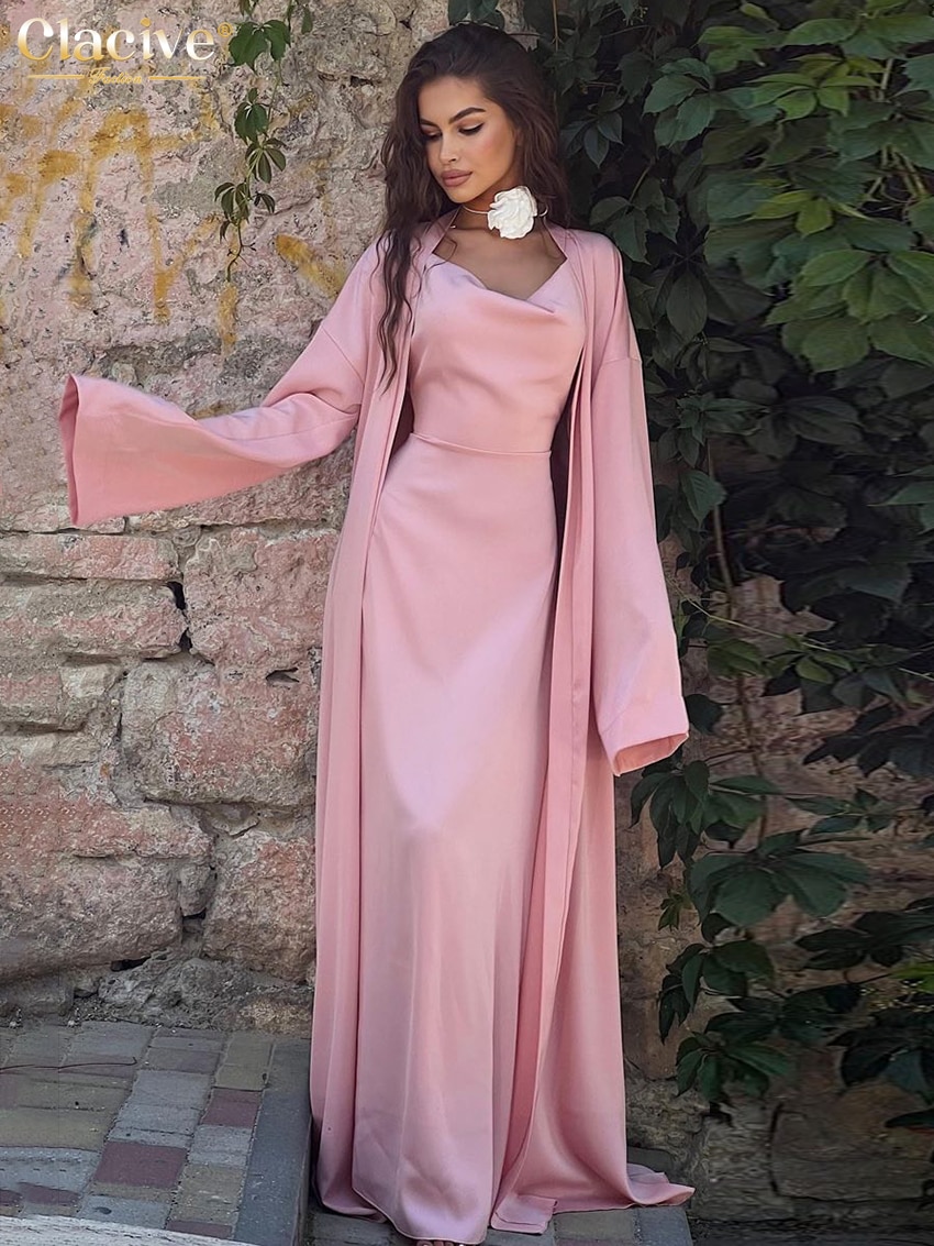 Clacive Elegant Women'S Sets Fashion Pink Satin Dress Set Casual Long Sleeve Robes 2 Piece Sets Women Outfit 2023 Homewear