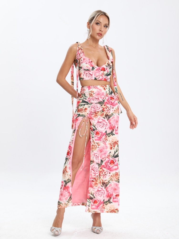 New Summer Women's Printed 2-Piece Suit Sexy Floral Lace-up Backless Crop Top +Split Long Skirts Sleeveless Printing Beach 