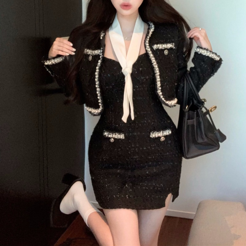 European Style Autumn Winter 2 Piece Set Women Short Woolen Tweed Jacket Coat & Bodycon Mini Dress Set Women Two Piece Outfi