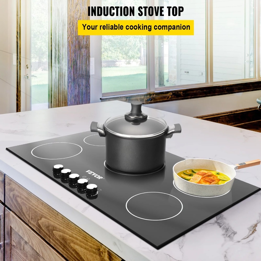 VEVOR Built-in Induction Cooktop, 35 inch 5 Burners,220V Ceramic Glass Electric Stove Top with Knob Control,for Simmer Steam Fry
