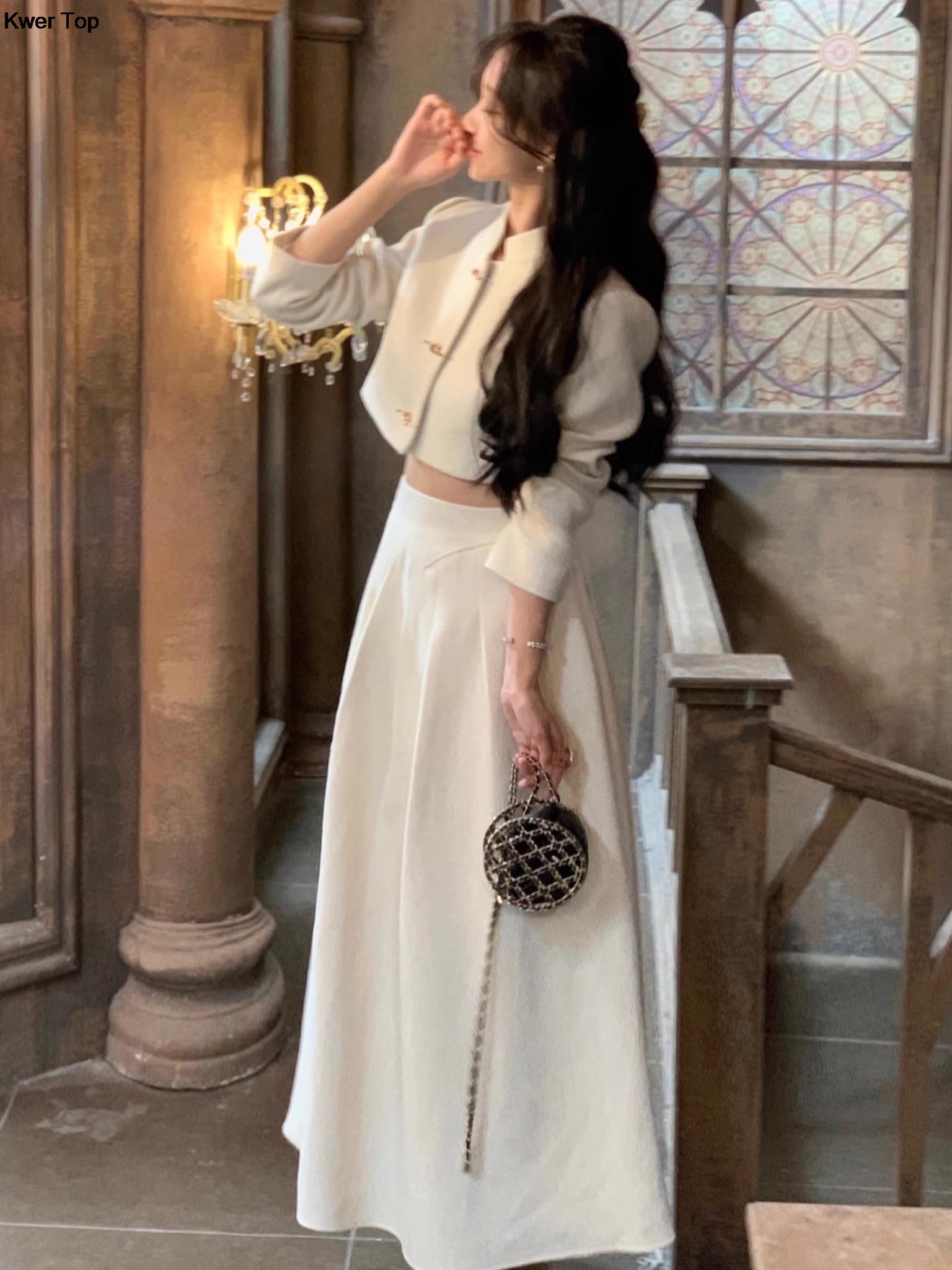 Korean Elegant Vintage Skirts 2 Pieces Set Women New Fashion Short Blazer Slim Waist A-line Skirts Outfits Autumn Y2k Party Suit