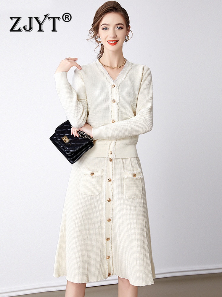 ZJYT Autumn Winter White Knitted Dress Set Party Women Long Sleeve Cardigan Sweater Skirt Suit 2 Piece Outfit Casual Basics