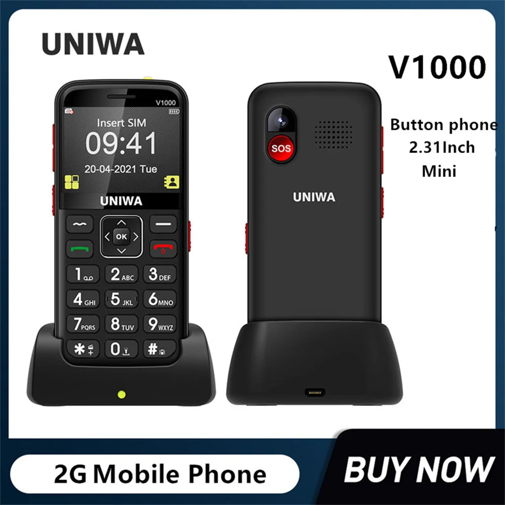 UNIWA V1000 2.31Inch 4G Phones Flashlight 0.3MP Camera Big Button Long Time Standby English Russian Keypad Mobile Phone Unlocked