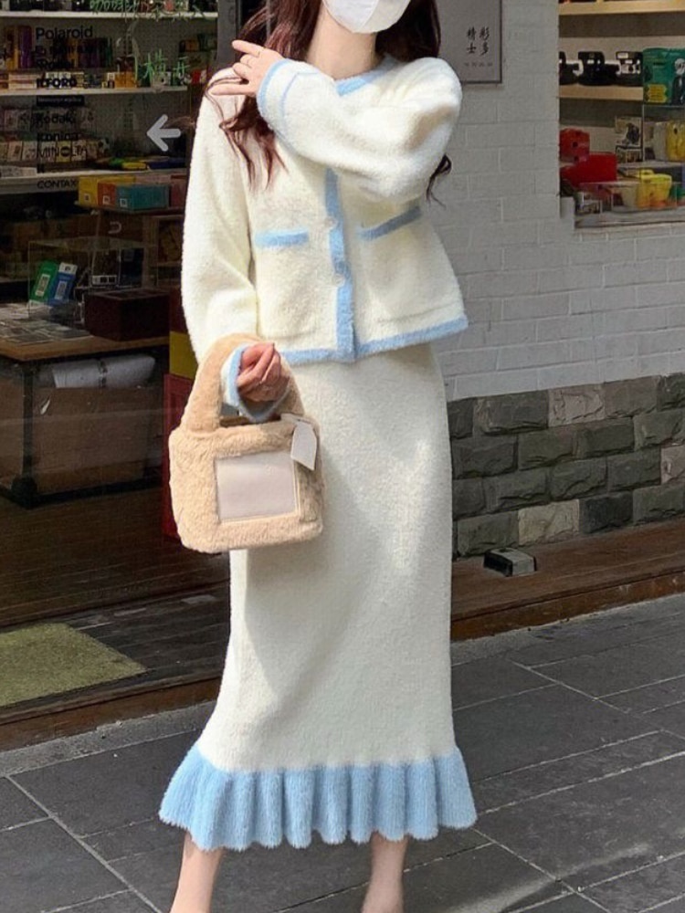 Sweet Kawaii Knitted Two Piece Set Women Elegant Party Sweater Skirt Set Female Ruffle Flounce Designer Casual Skirt Suit 2023