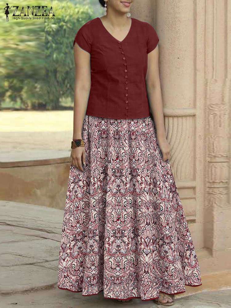 2PCS ZANZEA Summer Bohemiam Women Short Sleeve Blouse Maxi Skirts Casual Holiday Matching Set Outifits Floral Printed Dress Sets