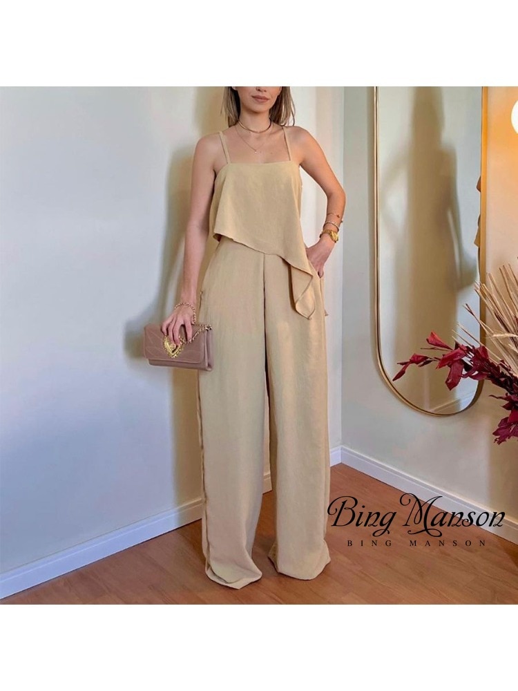 Autumn Women's Fashion Casual Sexy Set Solid Backless Asymmetric Design Strap Top High Waist Wide Leg Y2k Pants Two Piece S