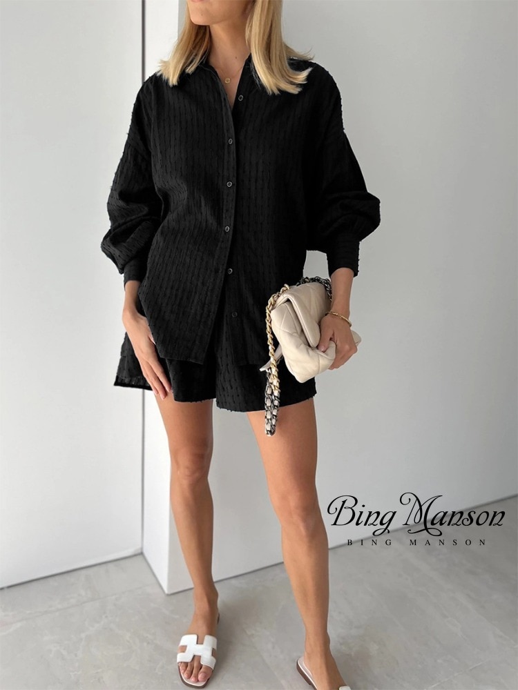 Autumn Women's New Fashion Shirt Jacquard Bubble Sleeve Top Long Sleeve Shorts Capris Commuter Sense Casual Two Piece Y2k S