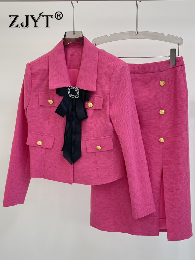 ZJYT Autumn Winter Elegant Dress Set Two Piece for Women Outfit Bowknot Jacket Skirt Suits Office Party Conjuntos Para Mujeres