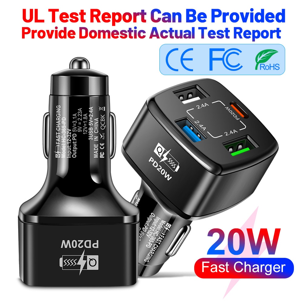 Fast Charging PD20W Cell Phone Car Charger 2.4A 3USB+PD 4-in-1 Cigarette Lighter Fast
