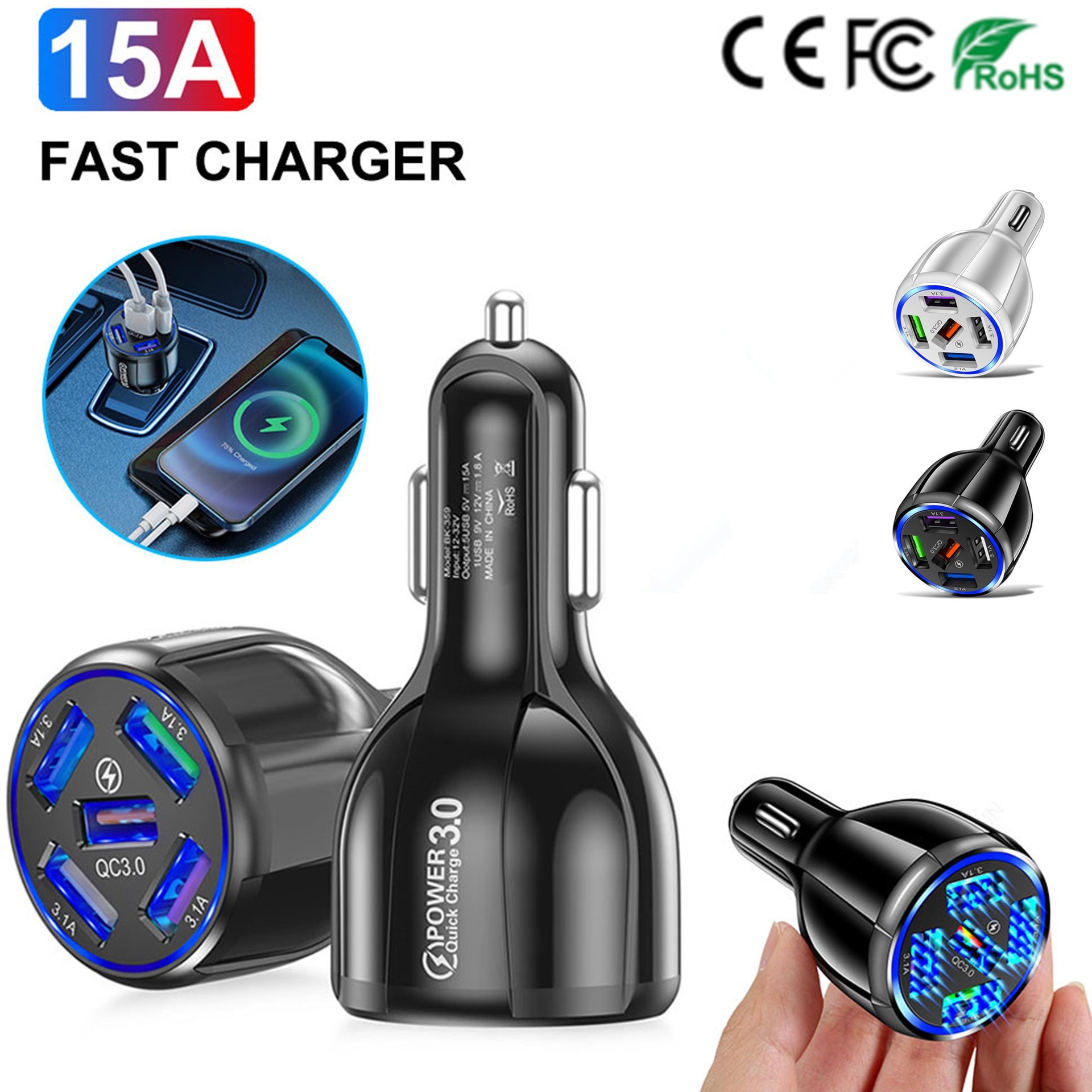 15A-5USB QC3.0 Car Charger Quick Charge One Drag Five Cell Phone Illuminated 5USB Multi-Hole 5V 9V 12V Smart Fast