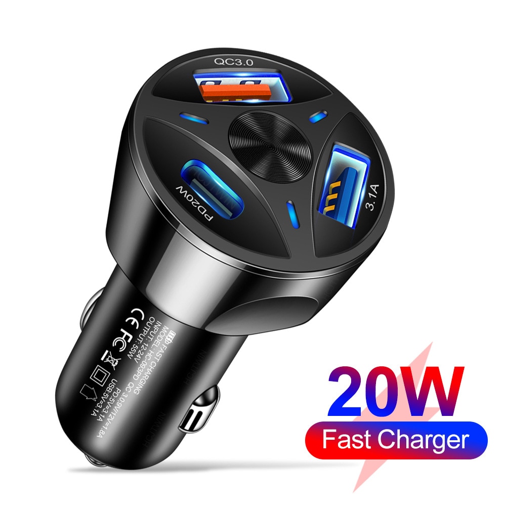 55W One Tow Three QC3.0 USB+Type-c Fast Charger Car Charger Flash Charger Multi-port Car Fast Charger Cigarette Lighter