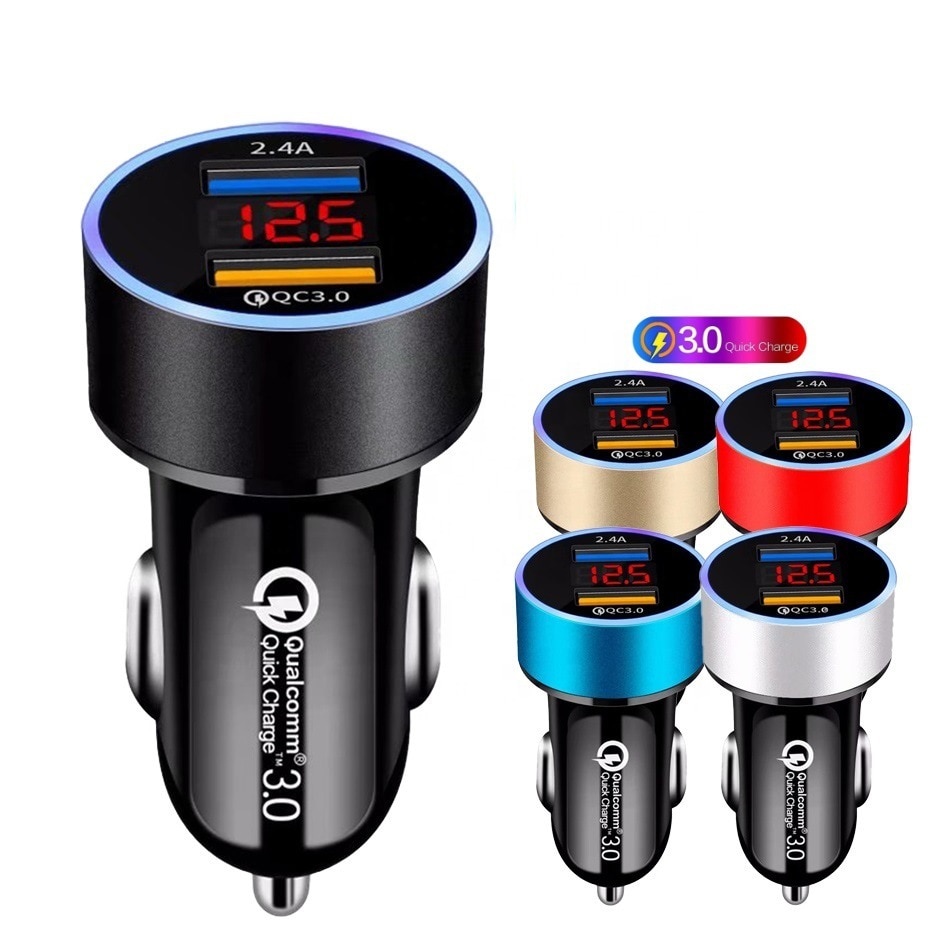 QC3.0 Dual-port Flash Charger Digital Display Fast Car Dual Usb 2.4A One Drag Two Cigarette Lighter