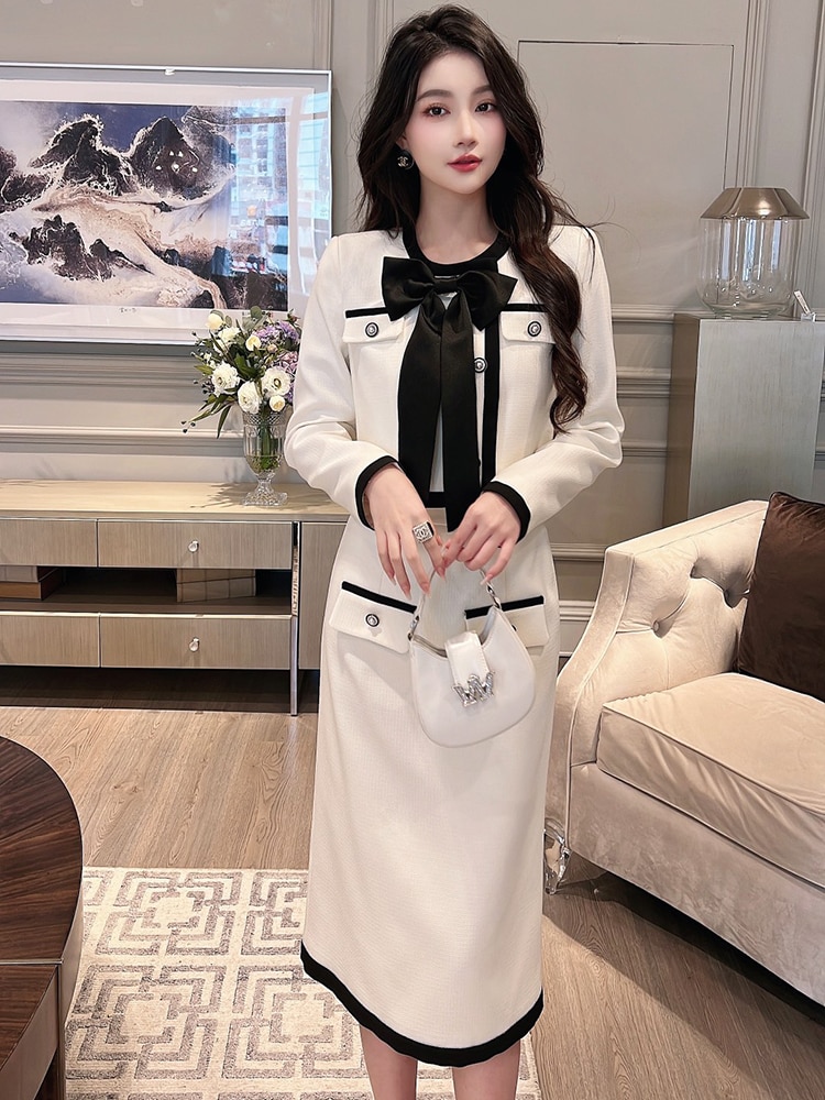 Autumn Winter 2 Piece Dress Set for Women Outfit Elegant Bowknot Jacket and Mini Skirt Suits Office Conjuntos Para Mujeres