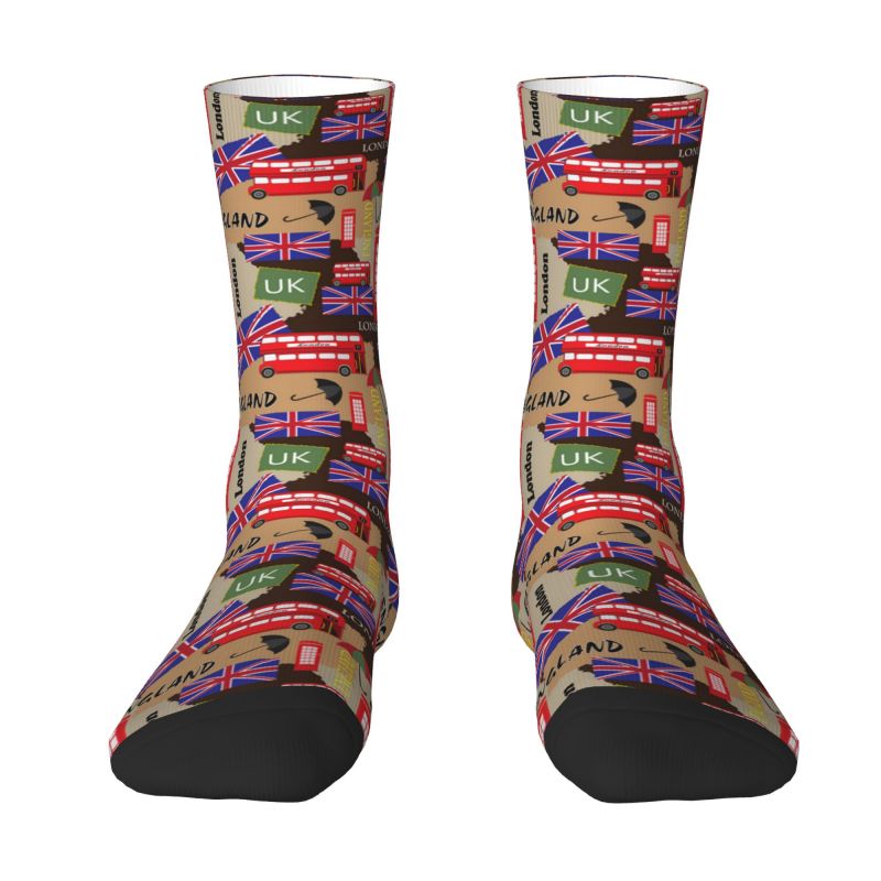 British London Newspaper Texture Mens Crew Socks Unisex Kawaii 3D Printed UK United Kingdom Symbol Dress Socks