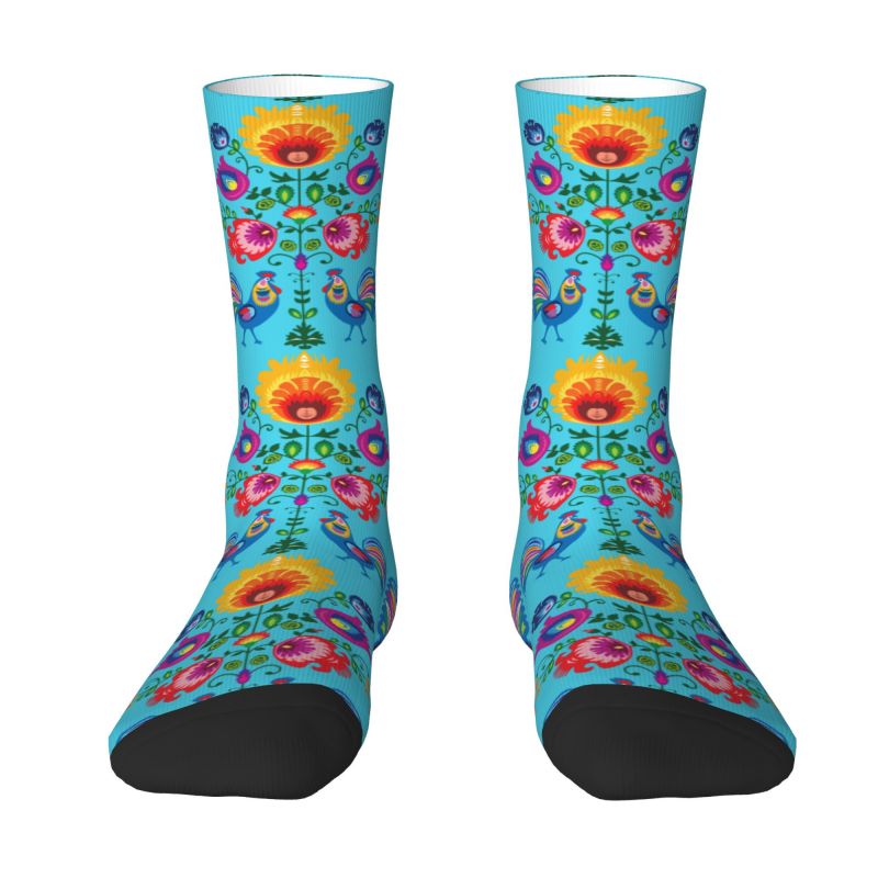 Cool Print Polish Folk Flowers And Roosters Socks for Women Men Stretch Summer Autumn Winter Poland Floral Art Crew Socks