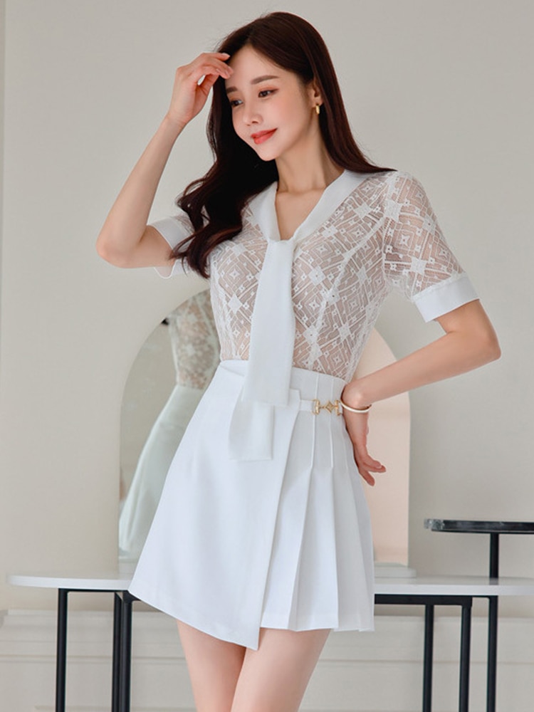 Fashion Summer White Sexy Chic 2 Pieces Outfits Women Lace Sheer Tops Shirt Blouse Pleated Mini Skirt Mujer Sets Street Clothes