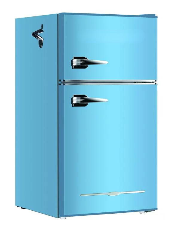 3.1 Cu Ft 2 Door Retro Refrigerator With Side Bottle Opener Retro Design, Glass , Blue, HBF3220