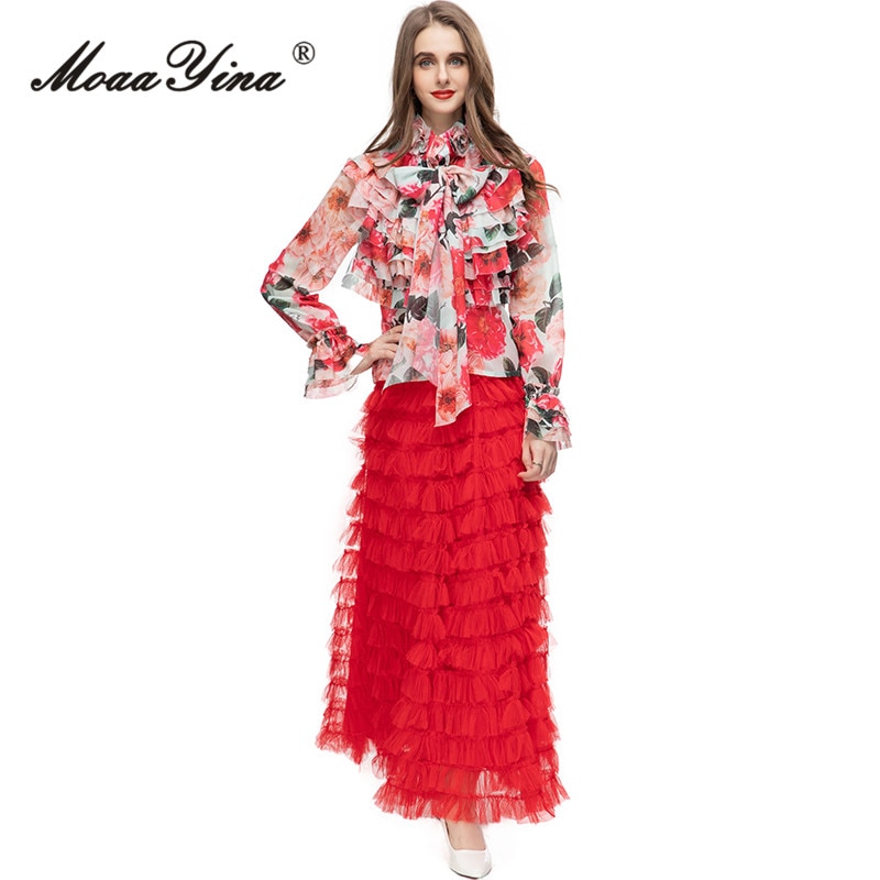 MoaaYina Summer Fashion Designer Vintage Floral Print Skirt Set Women Appliques Bow Top+Mesh Cascading Ruffle Skirt 2 Pieces Set