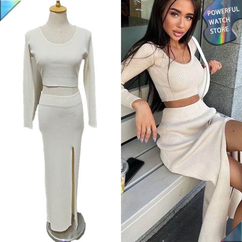 Chic Commuter Women's Long Sleeve Round Neck Short Knit Top Set 2023 Autumn Split Half Skirt Fashion Slim Fit 2Pcs Suit