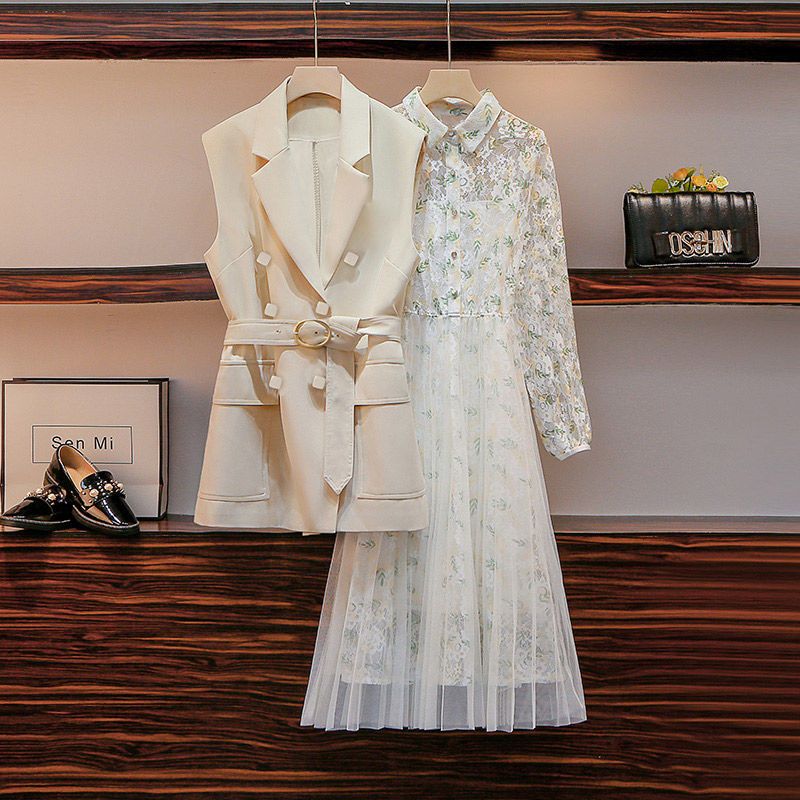 Spring Autumn Single/Outfits 2023 New Fashion Temperament Elegant Waist Shrinking Lace Dress Vest Two Piece Set For Women