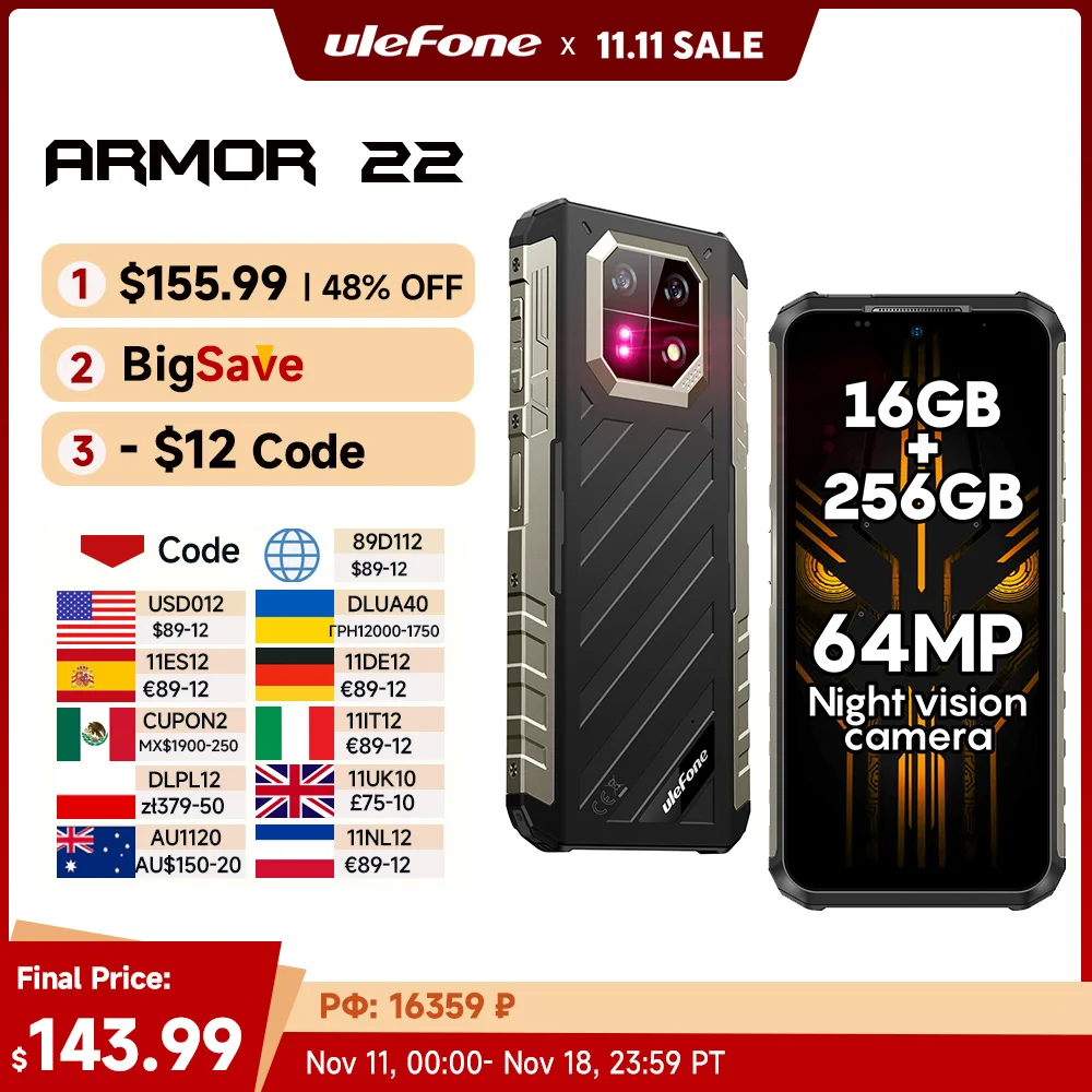 Ulefone Armor 22 Rugged Phone,16GB (8GB+8GB) RAM,128GB/256GB ROM, Android 14Smartphone,NFC 64MP Night Vision 4G Mobile Phone