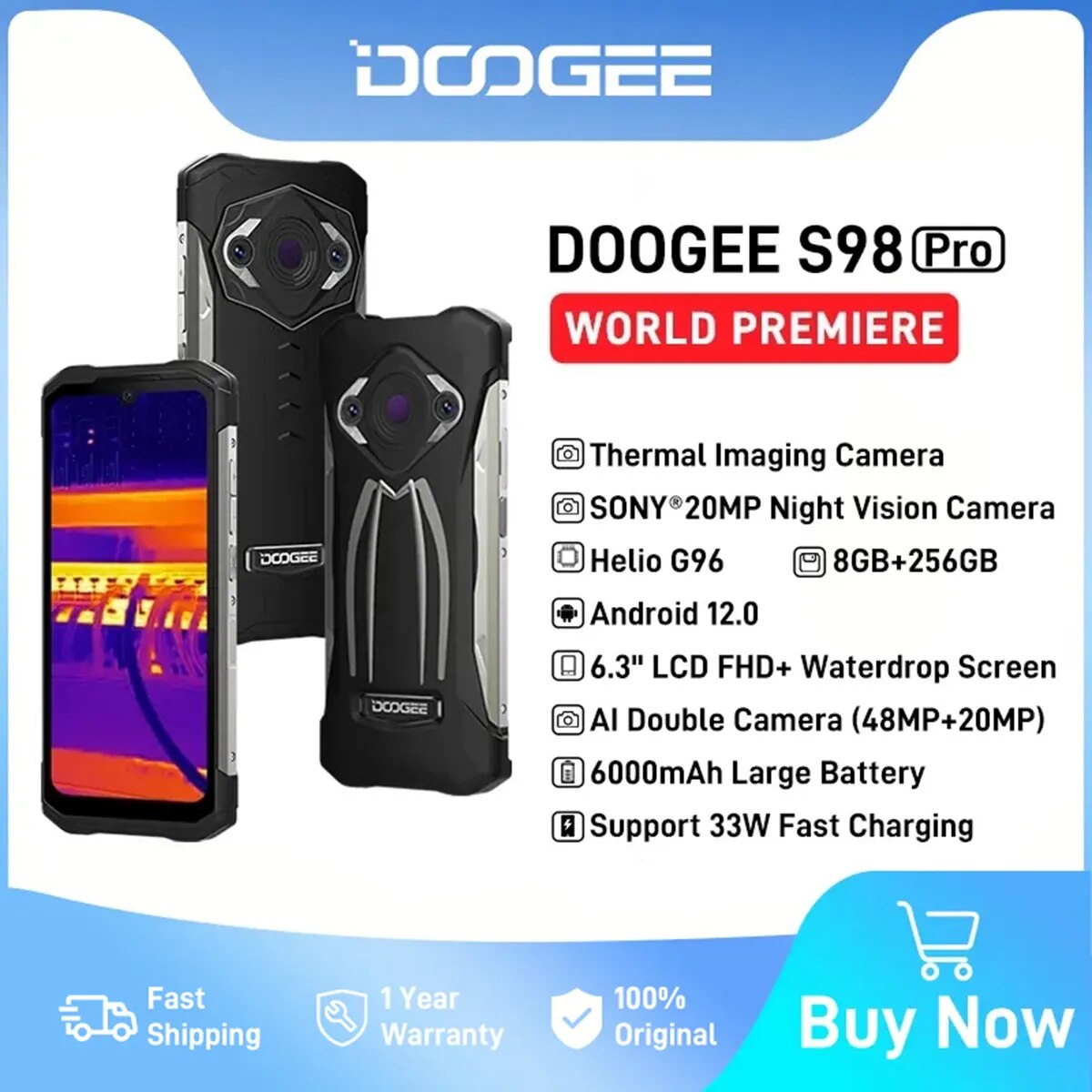 DOOGEE S98 Pro Thermal Imaging Camera 6.3" LCD FHD Display Helio G96 8GB 256GB 48MP AI Double Camera 6000mAh 33W Fast Charg