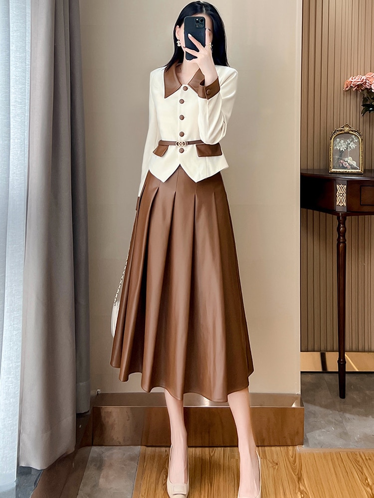 Fashion Autumn Dress Set Two Piece for Women Outfit Blazer+PU Leather Skirt Suits Office Party Conjuntos Para Mujeres