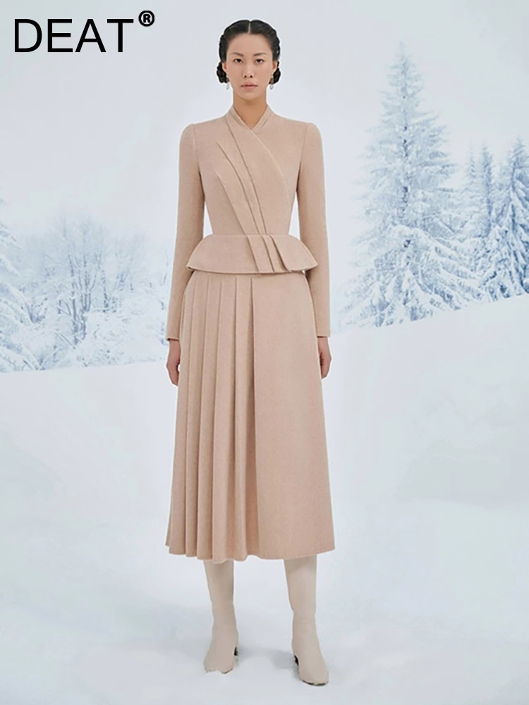DEAT Women's 2 Pcs Set O-neck Long Sleeve Pleated High Waist Woolen Coat Fashion Loose Skirt Suit Autumn 2023 New 13DB3393
