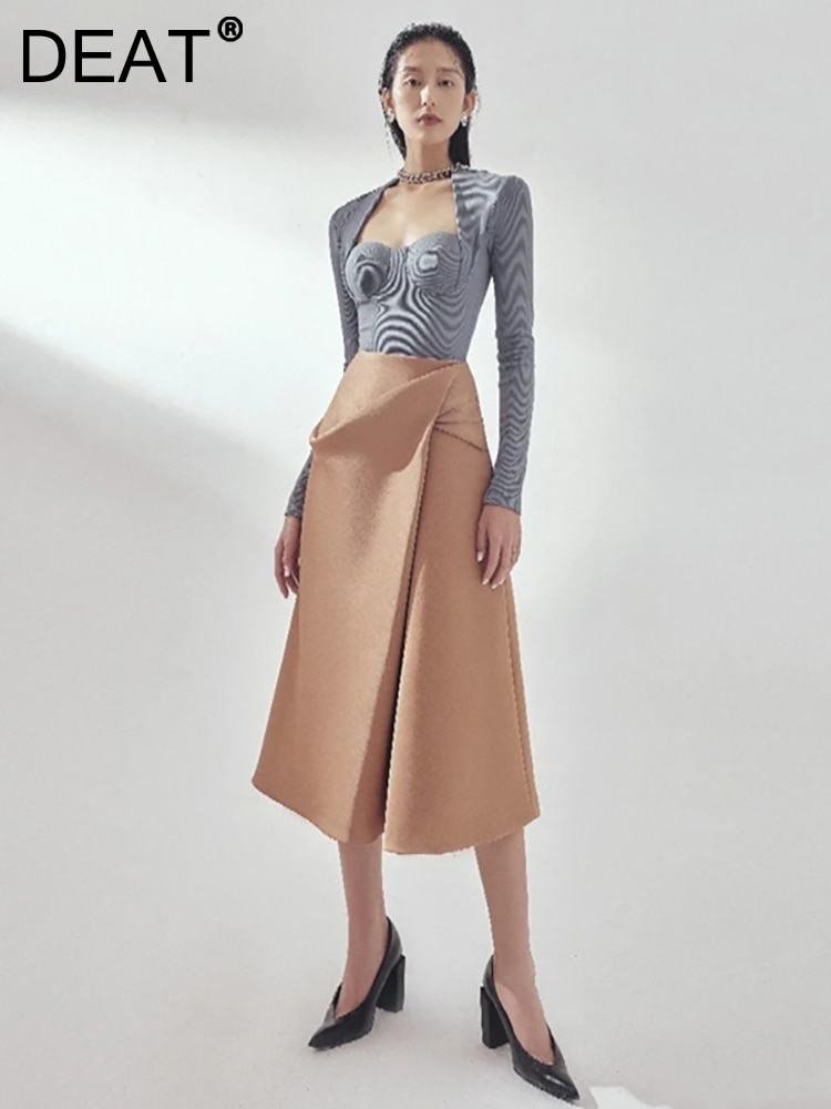 DEAT Women 2 Pcs Set Square Collar Long Sleeve Knitted Pullover High Waist Irregular Pleated Skirt Suit Autumn 2023 New 13DB3399