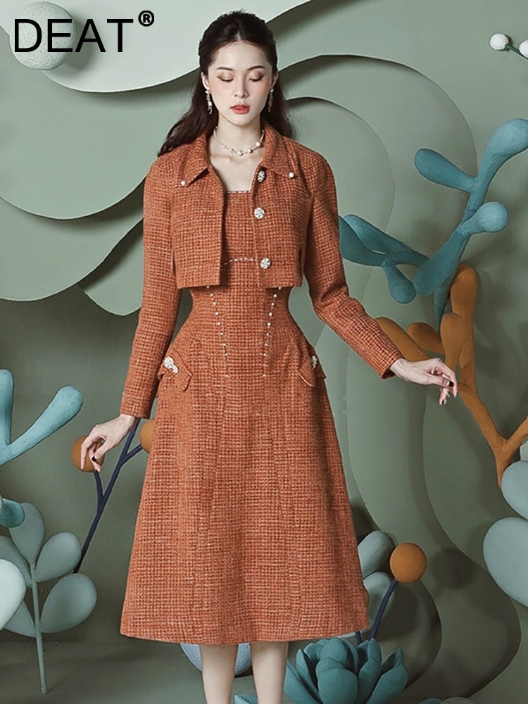 DEAT Women's 2 Pcs Set Lapel Tweed Long Sleeve Single Breasted Short Coat Waist Suspended Dress Suit Autumn 2023 New 13DB33