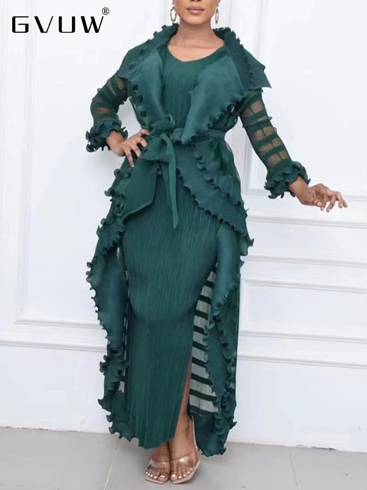 GVUW Heavy Industry Pleated Two Piece Set For Women Solid Full Sleeve Evening Dress Lace-up Gauze Trench Female 2023 New 17G2394