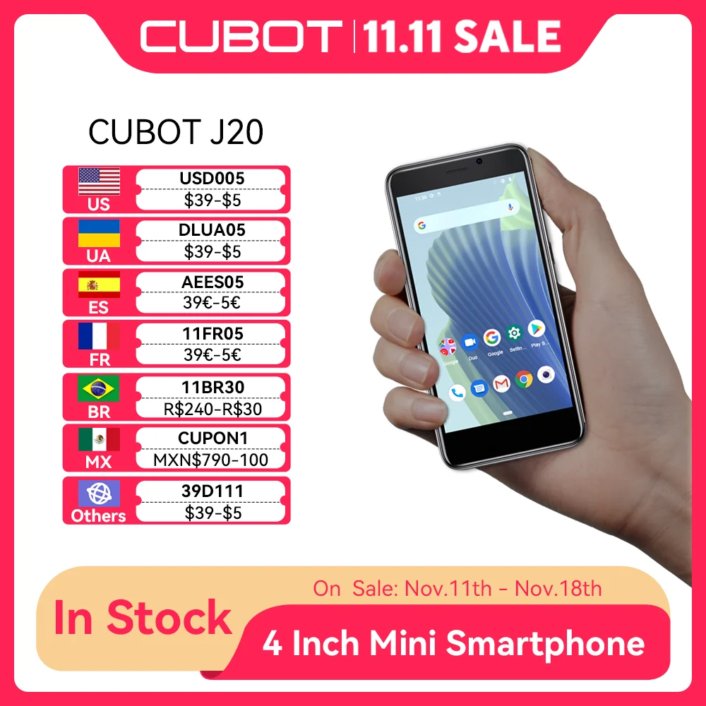 Cubot J20, 4-Inch Mini Screen, Android 12, 2/3GB RAM, 16/32GB ROM (128GB Extended), Dual SIM Dual 4G Celulares, 2350mAh, GPS