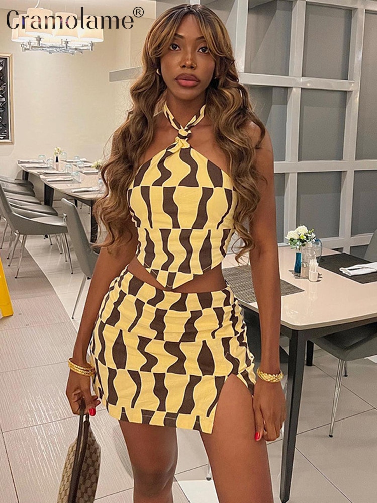 Two Piece Sets Outfits Women Halter Sexy Backless Crop Tops Bodycon Mini Skirts Suits 2023 Summer Party Club Vacation Streetwear