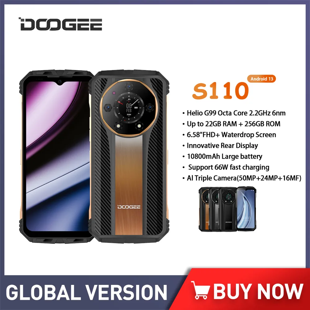 DOOGEE S110 Rugged Smartphone Android 13 Helio G99 6.58Inch FHD+ 120Hz 12GB+256GB Phone 66W Fast Charging 10800mAh Cellphone NFC