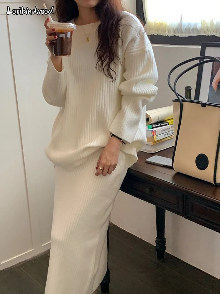 2023 Autumn New Korean Simple Pullover Loose Sweater + High Waist Comfortable Skirt Set Autumn Two-piece Set vestidos