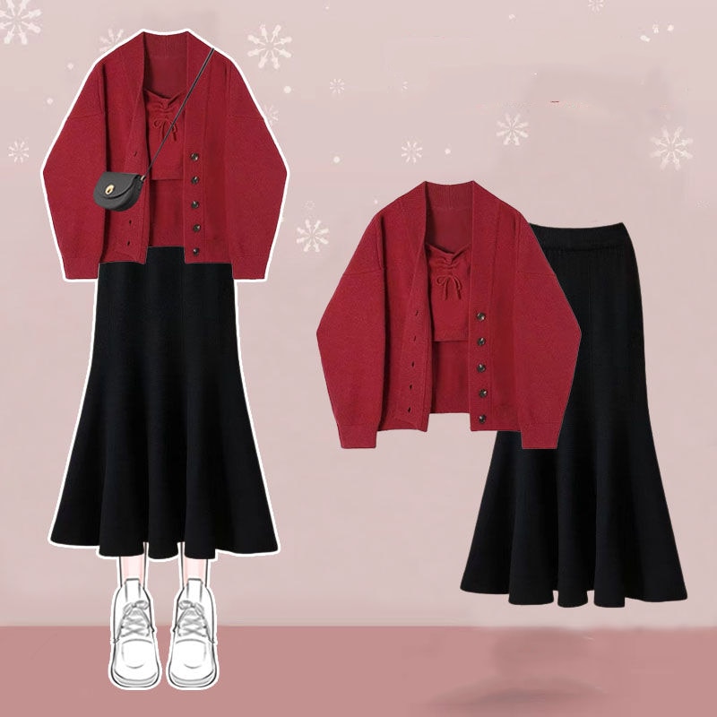Spring Autumn Single/Outfits New Versatile Hanging Straps Korean Version Knitwear Slim Fishtail Skirt Three Piece Set For Women