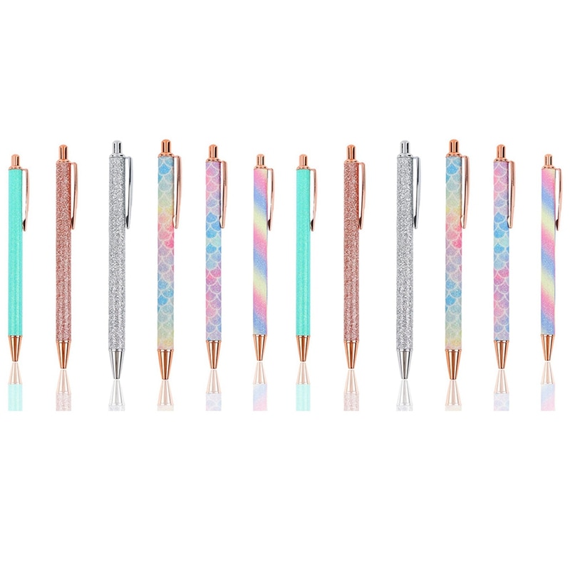 12 PCS Glitter Ballpoint Pens Rose Gold Click Ballpoint Pen Metal Glitter Pen Retractable Black Ink Medium Point Pens