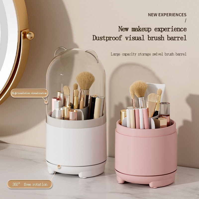 360° Rotating Dustproof Makeup Brush Holder Lipstick Eyeshadow Shelf Large Capacity Waterproof Desktop Storage Box Beauty Tool