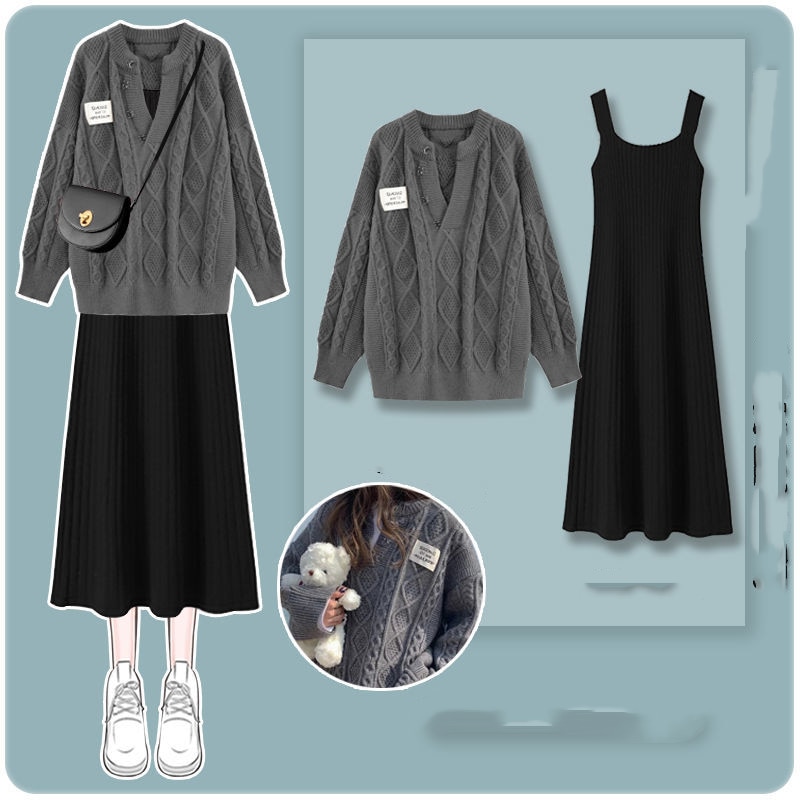 Spring Autumn Season Single/Outfits New Korean Fashion Version Loose Sweater Slim Strap Dresses Two Piece Set For Women