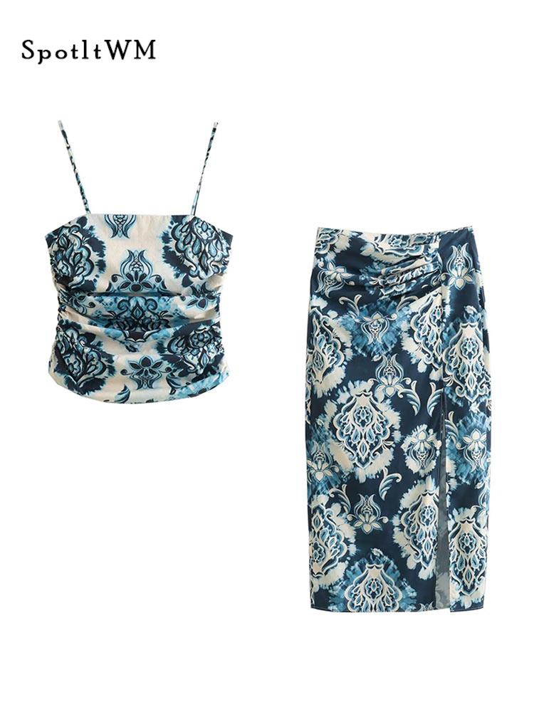 Fashion Printed Long Skirt Outfits Women Sexy Sleeveless Sling Crop Top And Skirts Suits Summer High Waist Skirt 2 Pieces Set