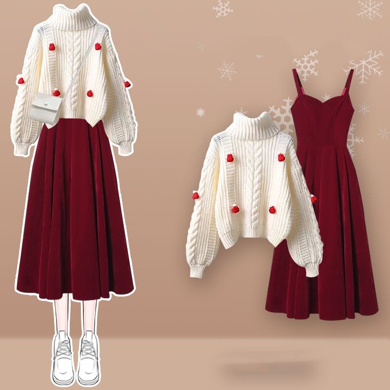 Spring Autumn Single/Outfits New Korean Style FashionElegant Design Sweater Red Mid Length Dress Two Piece Set For Women