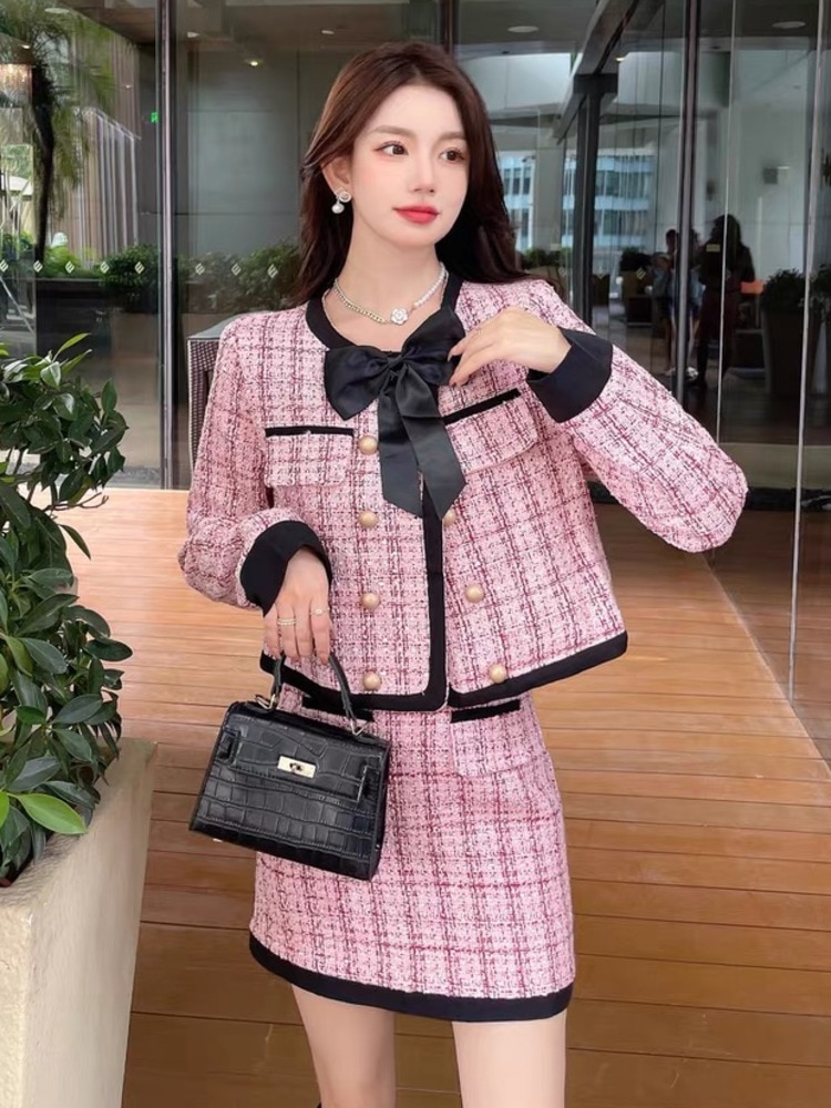 High Quality Small Fragrance Tweed Two Piece Set Women Short Jacket Coat + Skirt Suits Korean Sweet 2 Piece Sets Women Outfit