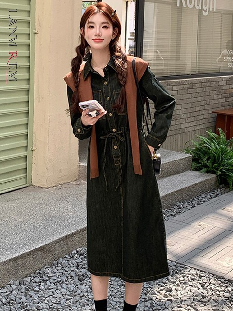 LANMREM Vintage Shawl Denim Dresses 2 Piece Sets Women Single Breasted Lace-up Gathered Waist Dresses Fashion Autumn New 2AA2128